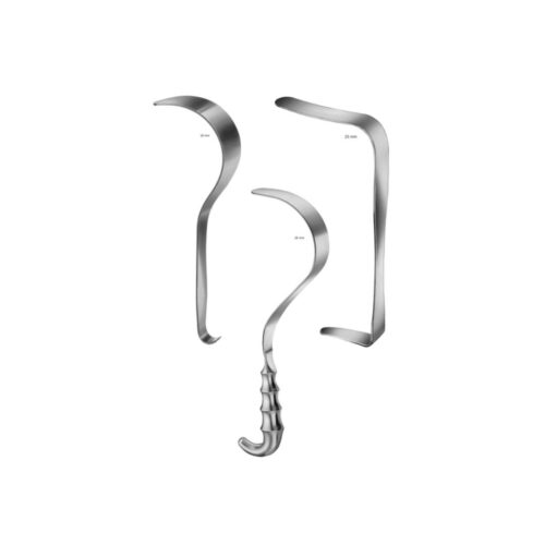 Deaver retractors: 19mm 18cm, 22mm 21.5cm, 25mm 23cm, 25mm 30cm, 25mm 33cm, 25mm 36cm, 33mm 33cm, 36mm 36cm, 38mm 30cm, 50mm 30cm, 60mm 30cm, 75mm 30cm