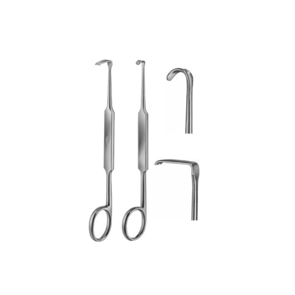 Meyerding retractor: 18 x 7mm 18cm, 16 x 5mm 18cm, 7 x 4mm 18cm, 10 x 3mm 18cm, curved 7 x 4mm 18cm, 3prongs 10 x 4mm 18cm